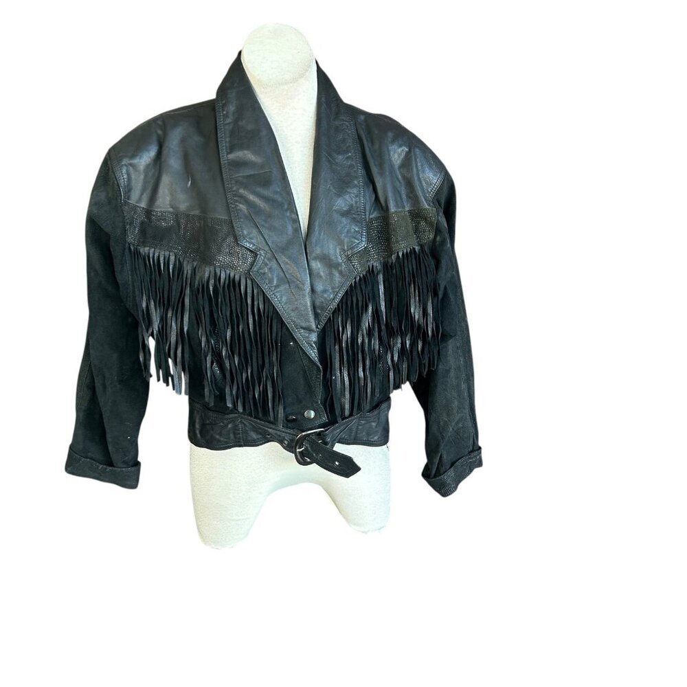 Winlit Vintage 80s Western Cowgirl Jacket Black Leather With Fringe - Picture 2 of 13